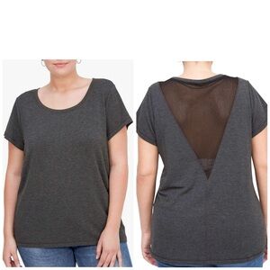 Yogalious Gray Scoop Neck Tee T-shirt Black Mesh V-Back Size 1X